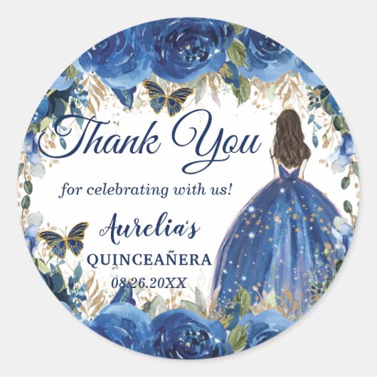 Royal Blue Floral Rozen Butterflies Princess Favor Ronde Sticker (Voorkant)