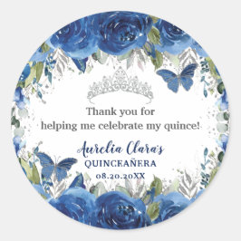 Royal Blue Floral Rozen Butterflies Silver Crown Ronde Sticker