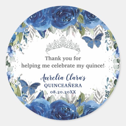 Royal Blue Floral Rozen Butterflies Silver Crown Ronde Sticker (Voorkant)