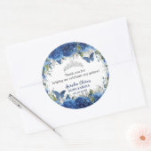 Royal Blue Floral Rozen Butterflies Silver Crown Ronde Sticker (Envelop)