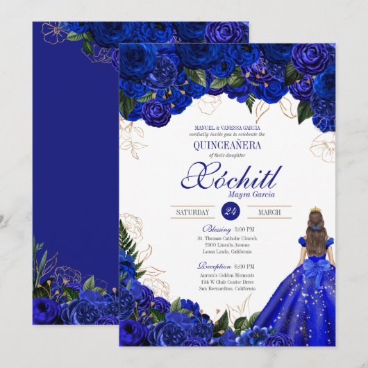 Royal Blue Floral Rozen Elegant Quinceañera Kaart (Voorkant / Achterkant)