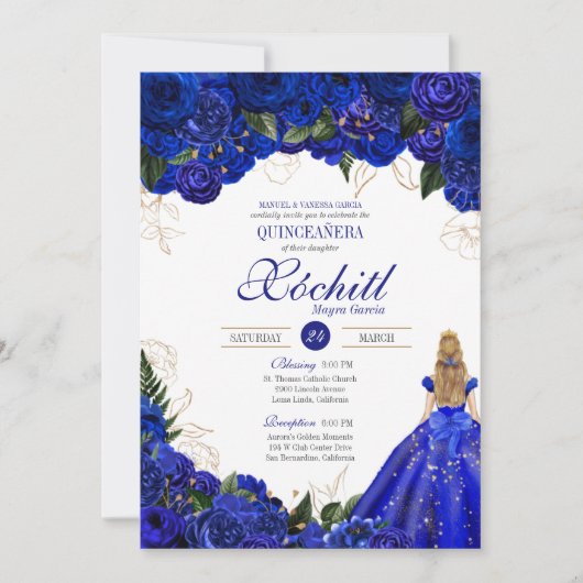 Royal Blue Floral Rozen Elegant Quinceañera Party Kaart (Voorkant)
