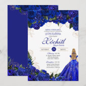 Royal Blue Floral Rozen Elegant Quinceañera Party Kaart (Voorkant / Achterkant)
