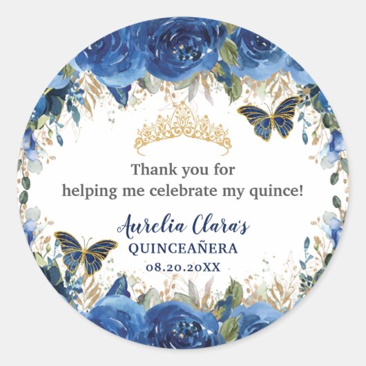 Royal Blue Floral Rozen Gold Butterflies Crown Ronde Sticker (Voorkant)
