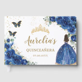 Royal Blue Floral Rozen Princess Gold Quinceañera Gastenboek (Voorkant)