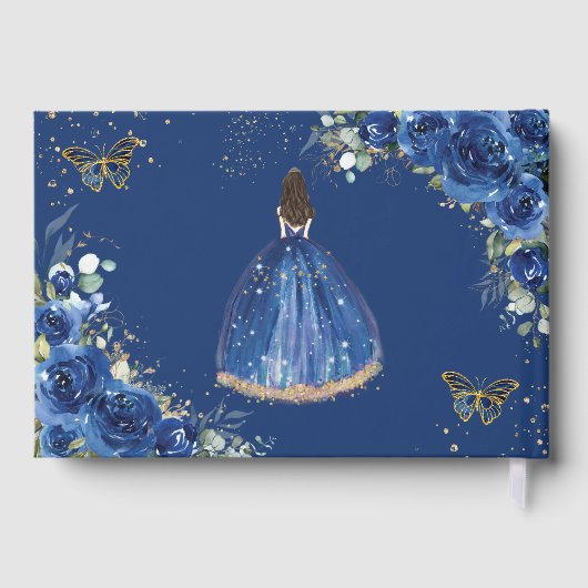 Royal Blue Floral Rozen Princess Gold Quinceañera Gastenboek (Achterkant)