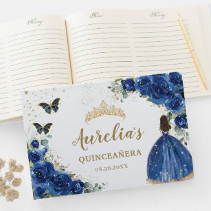 Royal Blue Floral Rozen Princess Gold Quinceañera Gastenboek