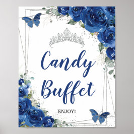 Royal Blue Floral Rozen Quinceañera Snoep Buffet Poster