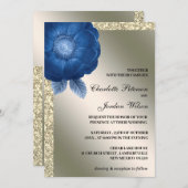 Royal Blue Floral & Silver Glitter Wedding Kaart (Voorkant / Achterkant)