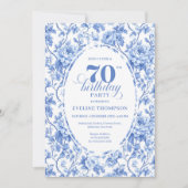 Royal Blue Floral Toile 70th Birthday Invitation Kaart (Voorkant)