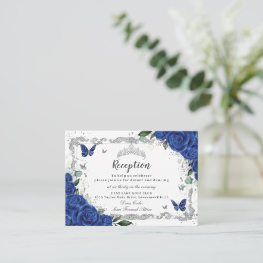 Royal Blue Floral vlinder Quinceañera receptie Informatiekaartje (Staand voorkant)