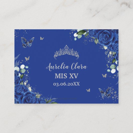 Royal Blue Floral vlinder Quinceañera receptie Informatiekaartje (Achterkant)