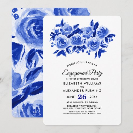 Royal Blue Floral Waterverf Engagement Party Kaart (Voorkant / Achterkant)