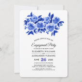 Royal Blue Floral Waterverf Engagement Party Kaart (Voorkant)