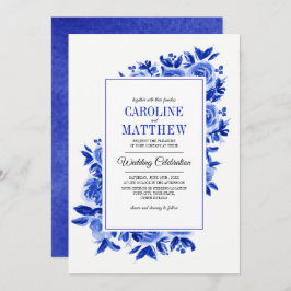 Royal Blue Floral Waterverf Wedding Invitations Kaart