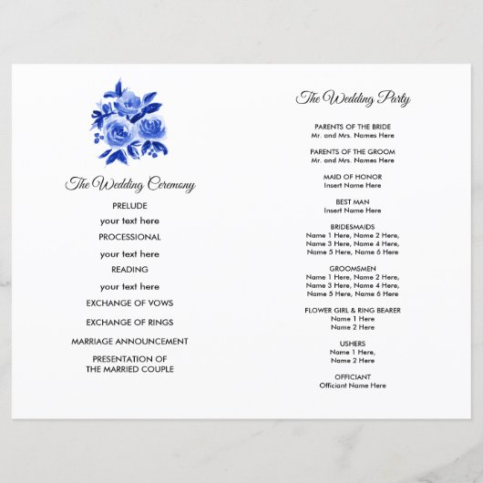 Royal Blue Floral Waterverf Wedding Programme (Achterkant)