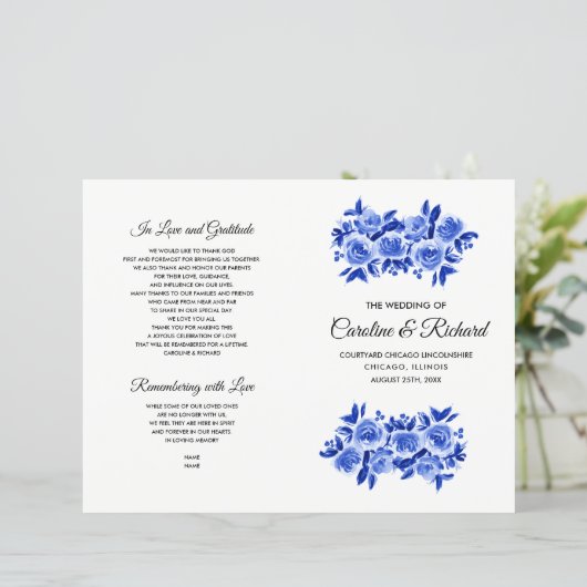 Royal Blue Floral Waterverf Wedding Programme (Staand voorkant)