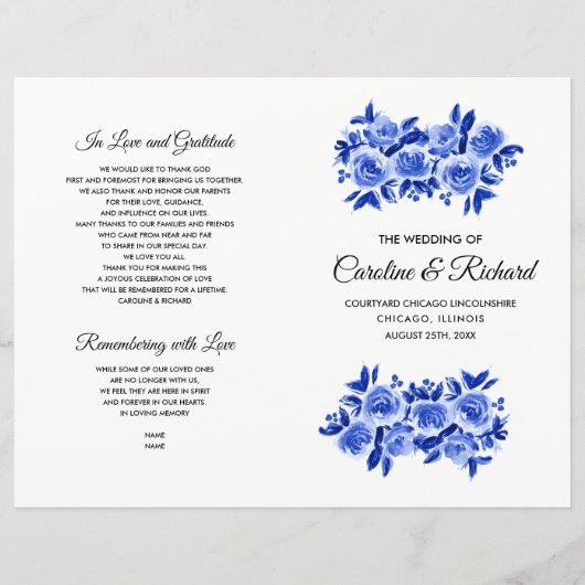 Royal Blue Floral Waterverf Wedding Programme (Voorkant)