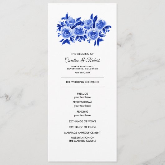 Royal Blue Floral Waterverf Wedding Programme Programmakaart (Voorkant)