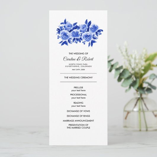 Royal Blue Floral Waterverf Wedding Programme Programmakaart (Staand voorkant)