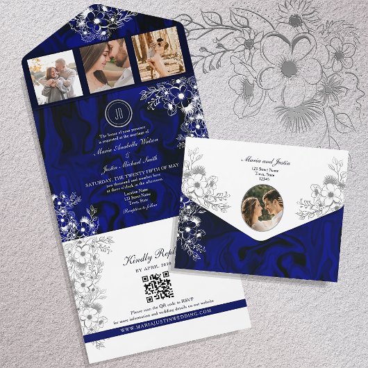 Royal Blue Floral Wedding All In One Uitnodiging