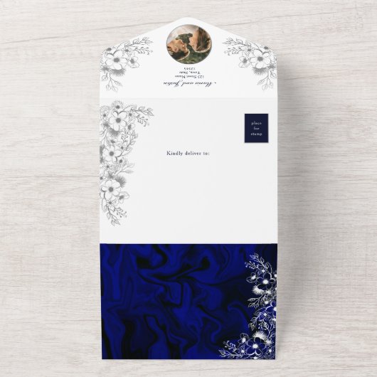 Royal Blue Floral Wedding All In One Uitnodiging (Buitenkant)
