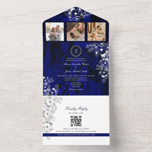 Royal Blue Floral Wedding All In One Uitnodiging (Binnen)