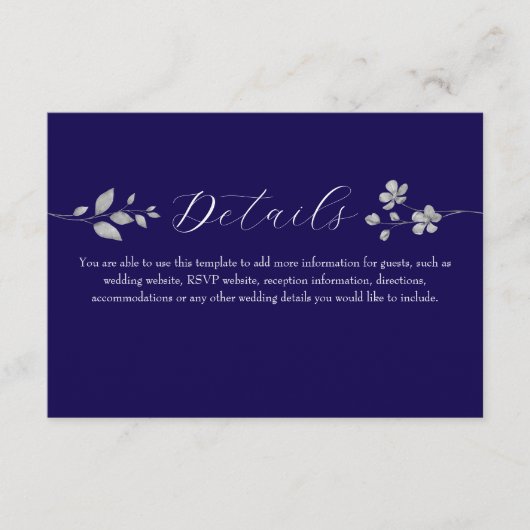 Royal Blue Floral Wedding Details Kaart (Voorkant)