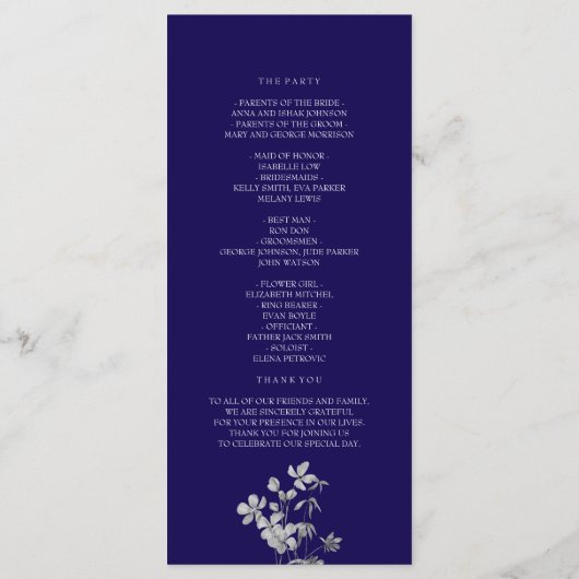 Royal Blue Floral Wedding Programma Programmakaart (Achterkant)