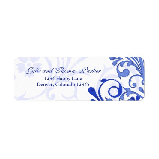 Royal Blue Floral Wedding Return Label (Voorkant)