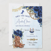 Royal Blue Floral Wild West Charro Quinceañera XV Save The Date (Voorkant)