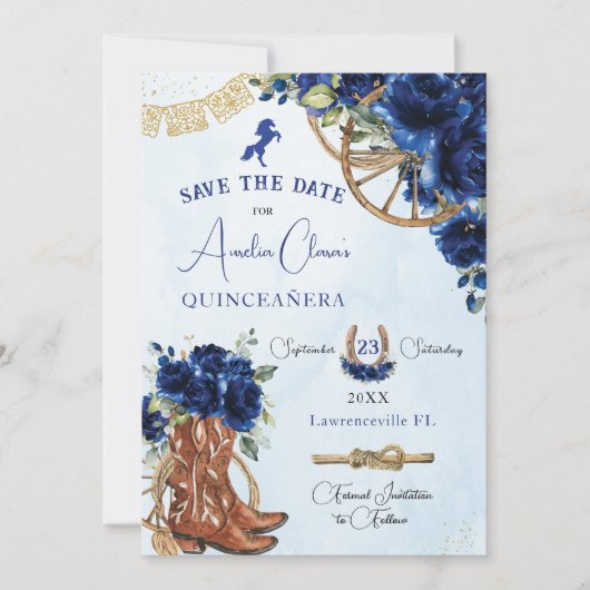 Royal Blue Floral Wild West Charro Quinceañera XV Save The Date (Voorkant)