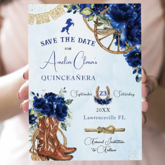 Royal Blue Floral Wild West Charro Quinceañera XV Save The Date