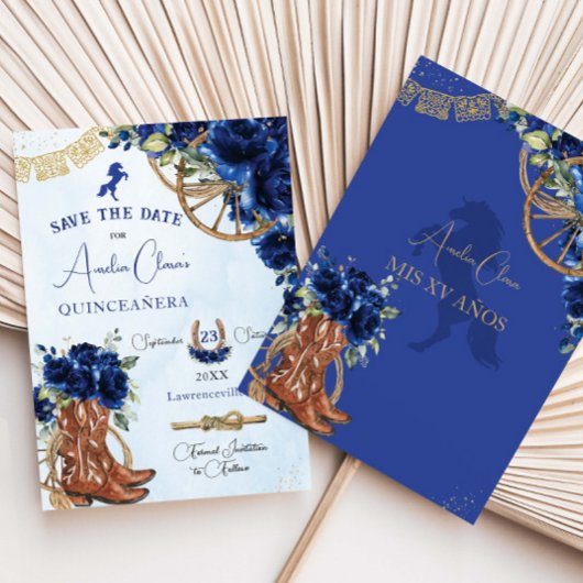 Royal Blue Floral Wild West Charro Quinceañera XV Save The Date