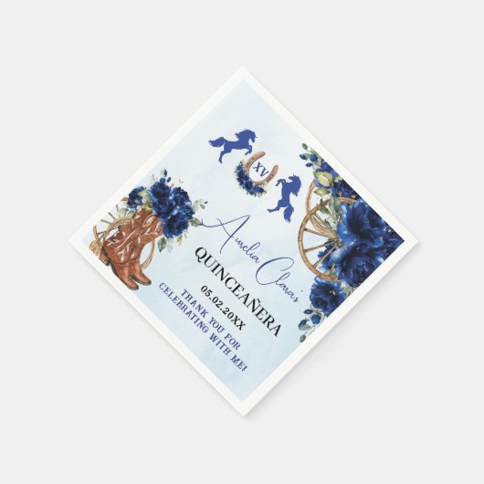 Royal Blue Floral Wild West Charro Quinceañera XV Servet (Hoek)