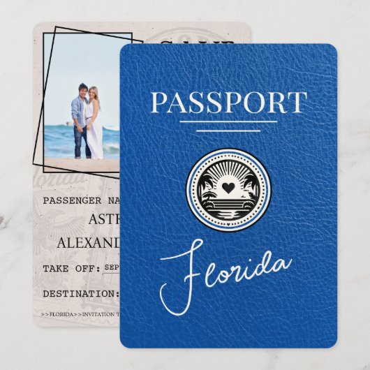 Royal Blue Florida Passport Bewaar de datum Save The Date (Voorkant / Achterkant)