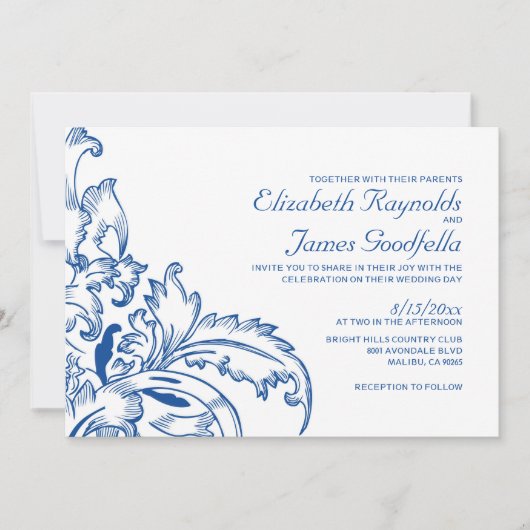 Royal Blue Flourish Wedding Invitations Kaart (Voorkant)