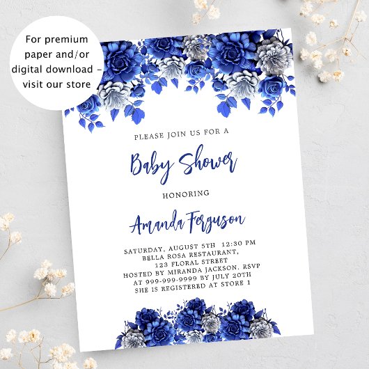 Royal Blue Flowers budget baby shower uitnodiging Flyer