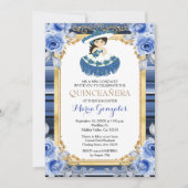 Royal Blue Flowers Gold Quinceanera Uitnodiging (Voorkant)
