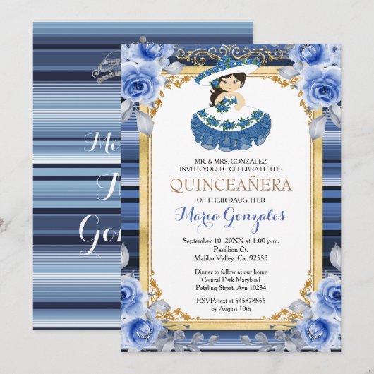 Royal Blue Flowers Gold Quinceanera Uitnodiging (Voorkant / Achterkant)