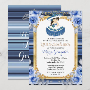 Royal Blue Flowers Gold Quinceanera Uitnodiging