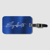Royal Blue Folie Modern Brush Script First Name Bagagelabel (Voorkant (horizontaal))