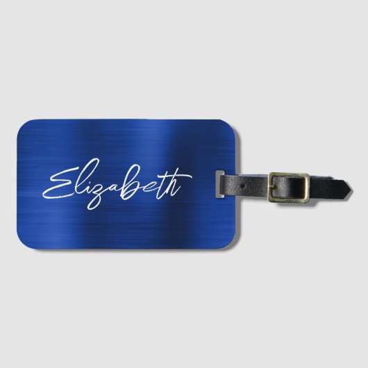 Royal Blue Folie Modern Brush Script First Name Bagagelabel (Voorkant (horizontaal))