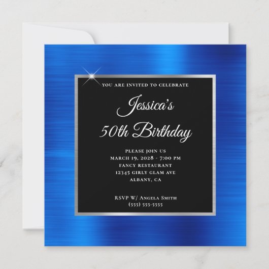 Royal Blue Folie Silver en Black 50th Birthday Kaart (Voorkant)