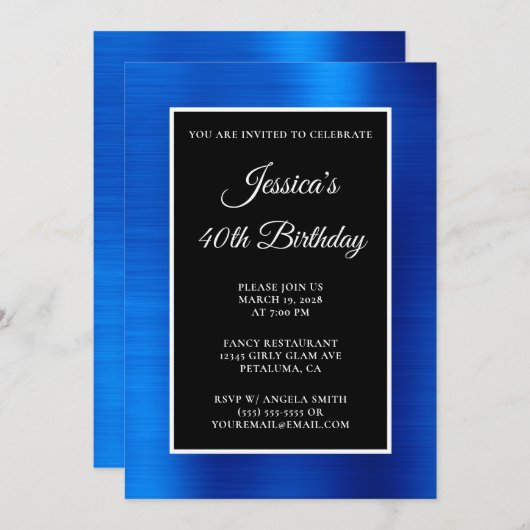 Royal Blue Folie zwart en wit 40ste verjaardag Kaart (Voorkant / Achterkant)