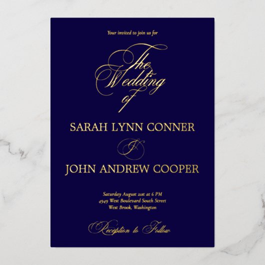 Royal Blue formele bruiloft Folie Uitnodiging (Voorkant)
