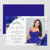 Royal Blue fotokaart Quinceañera Sla de datum op Kaart (Voorkant / Achterkant)
