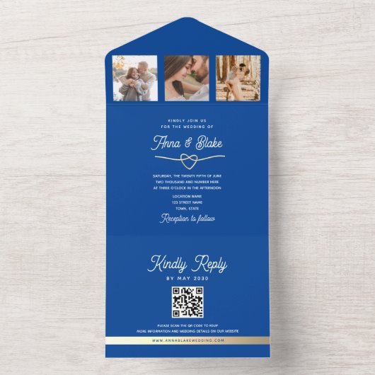Royal Blue Foto's Huwelijk QR Code All In One Uitnodiging (Binnen)