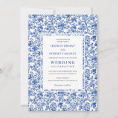 Royal Blue French Toile Floral Wedding Invitation Kaart (Voorkant)