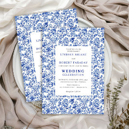 Royal Blue French Toile Floral Wedding Invitation Kaart